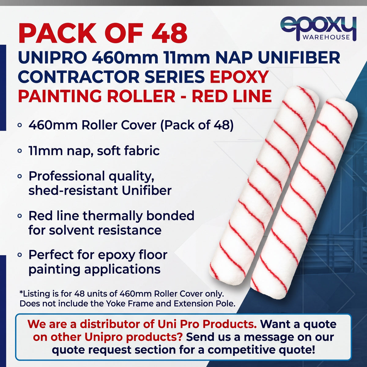Pack of 48 Unipro 460mm 11mm nap Unifiber Contractor Series Epoxy Painting Roller - Red Line