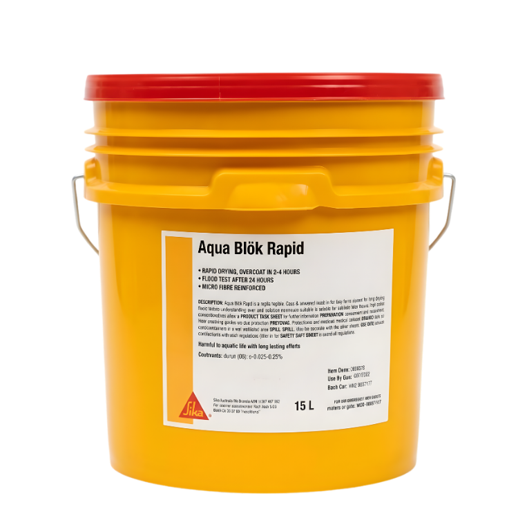Yellow bucket with red lid labeled 'Aqua Blok Rapid' on a white background