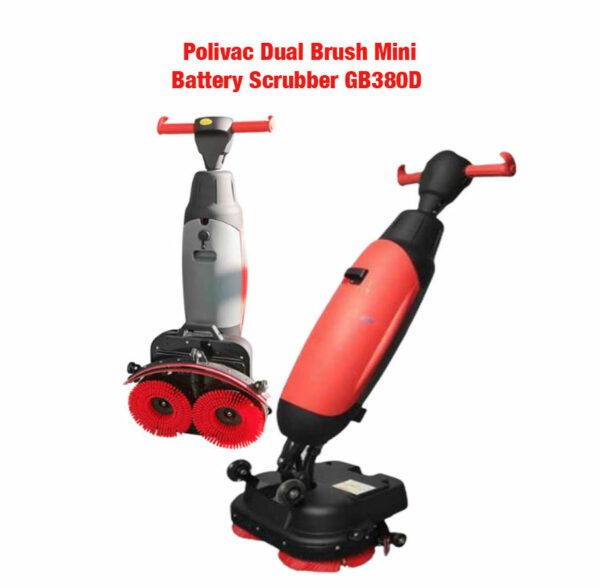 Polivac GB380D Mini Battery Scrubber with detachable battery and compact design for efficient cleaning.